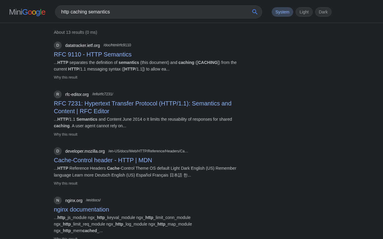 MiniGoogle results page for the query http caching semantics, listing RFC 9110, RFC 7231, the MDN Cache-Control page and the nginx docs with highlighted snippets