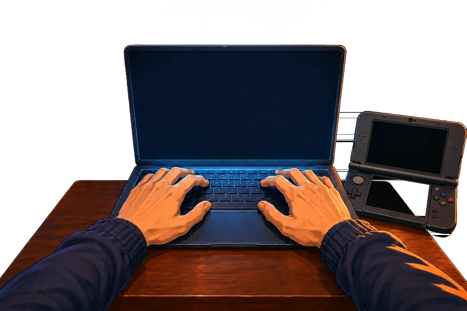An illustrated first-person view of Yasser’s desk: a laptop under his hands and a black New Nintendo 3DS XL open beside it