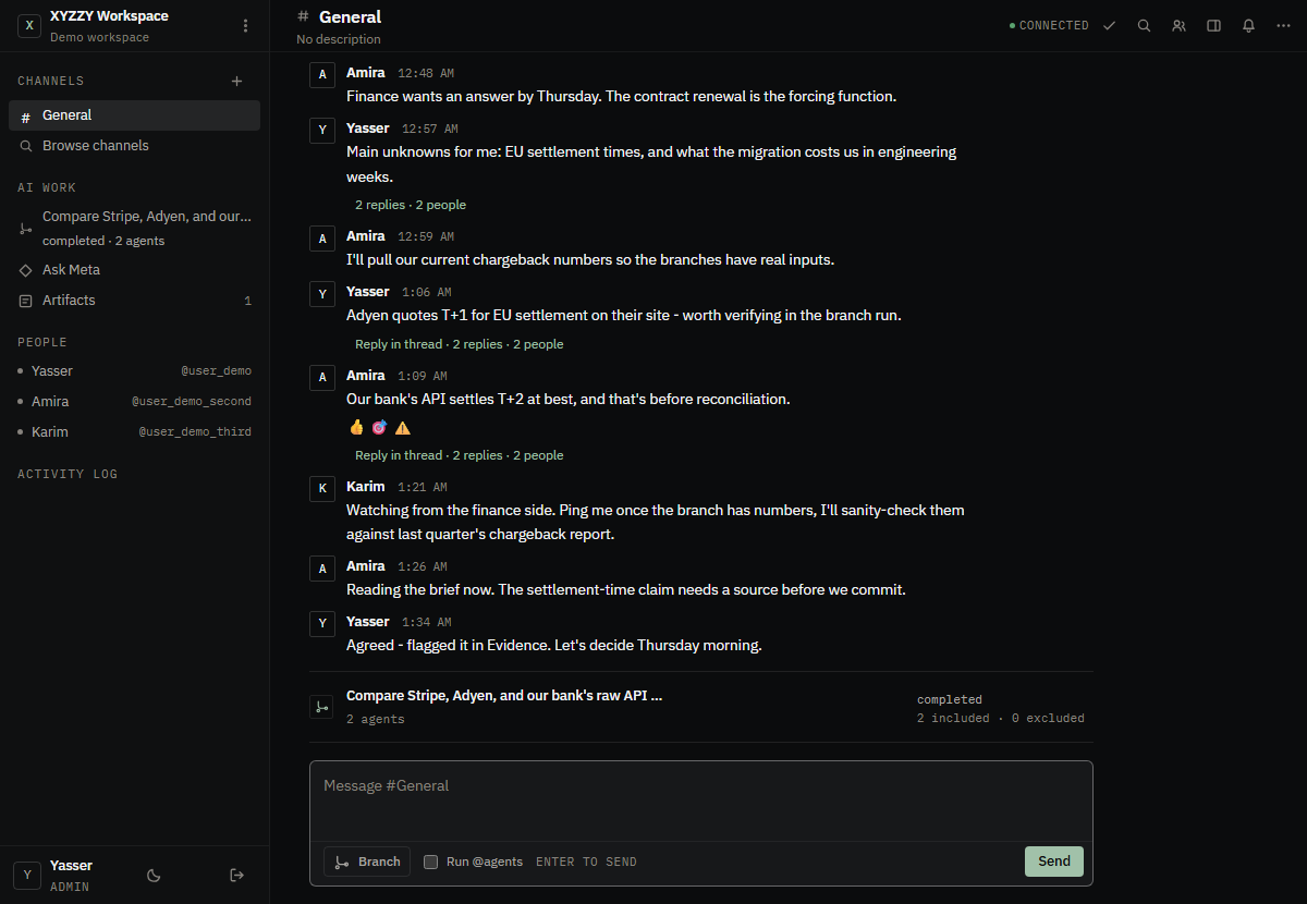 The XYZZY demo workspace: the General channel conversation between three teammates and, beneath it, a completed two-agent branch showing 2 included, 0 excluded